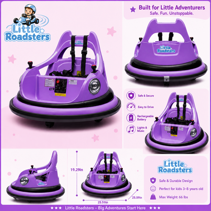 Purple and black Little Roadsters bumper car shown in multiple angles on a pink graphic background with product features and dimensions listed.