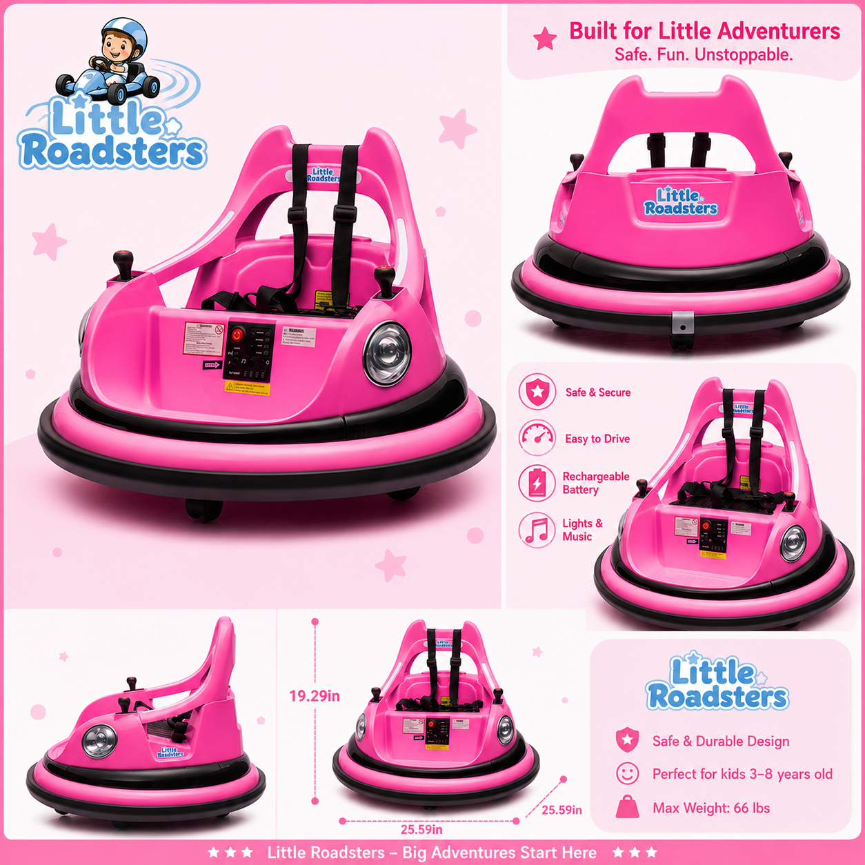 Pink Little Roadsters bumper car shown in multiple angles on a light pink graphic background with dimensions, weight, and feature callouts.