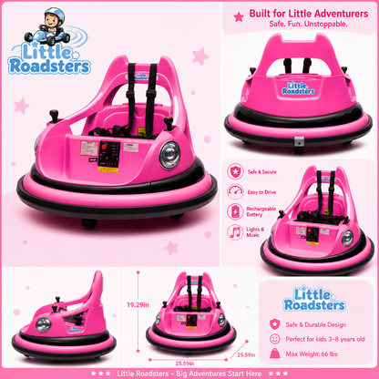 Pink Little Roadsters bumper car shown in multiple angles on a light pink graphic background with dimensions, weight, and feature callouts.