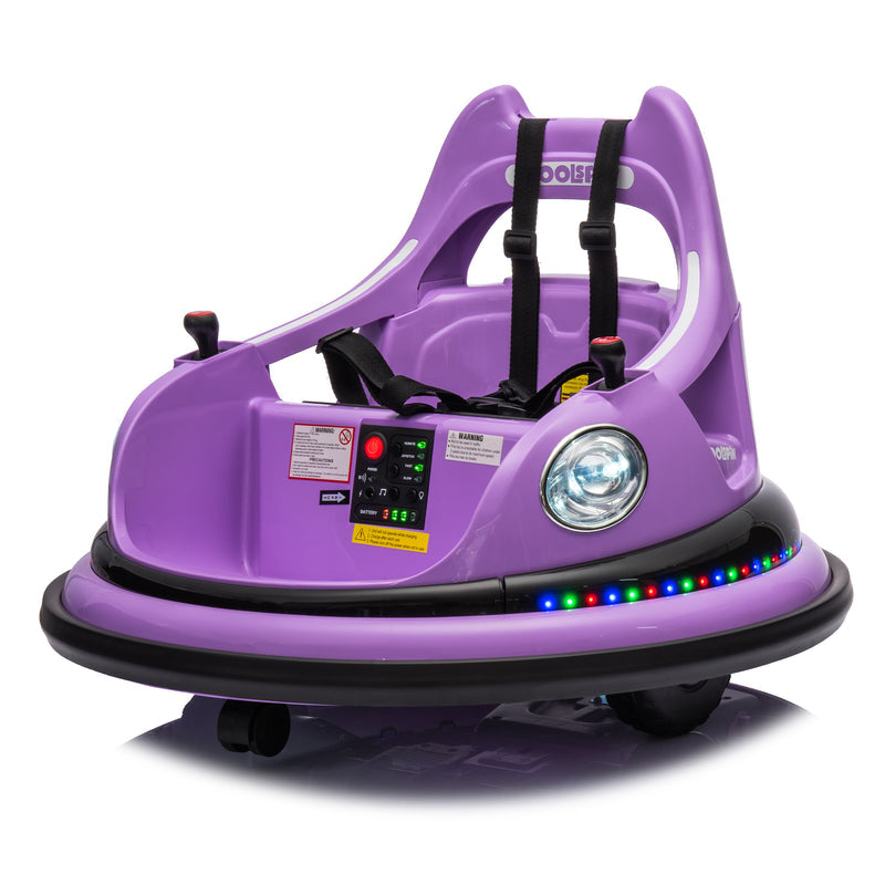 Purple children's bumper car with LED lights on a white background